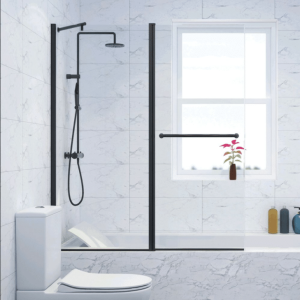 אמבטיון קבוע ודלת שחור ומתלה למגבת